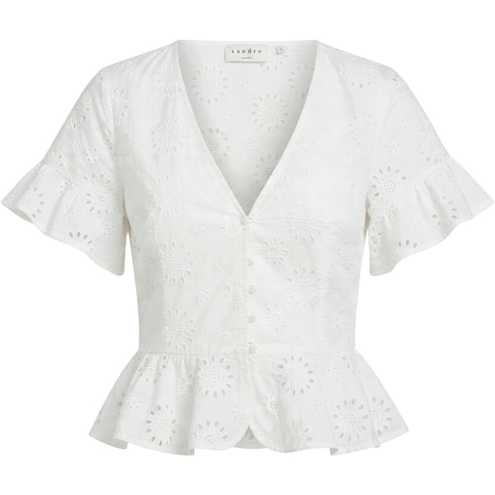 & Other Stories Top 6 White Eyelet Peplum V-Neck Button Front Ruffle Cottagecore